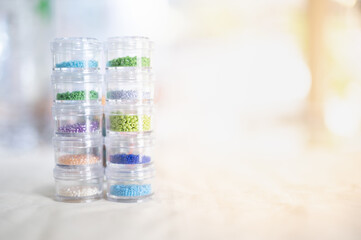 Multicolor of beads in the plastic box tower, separate the color, For making accessories and jewelry,