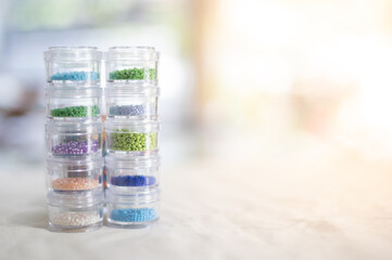 Multicolor of beads in the plastic box tower, separate the color, For making accessories and jewelry,