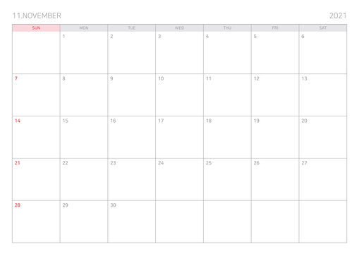 November Calendar Template Illustration in Diary, Notebook, Planner