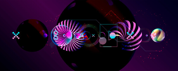 Dark retro futuristic art neon abstraction background cosmos new art 3d starry sky glowing galaxy and planets blue circle