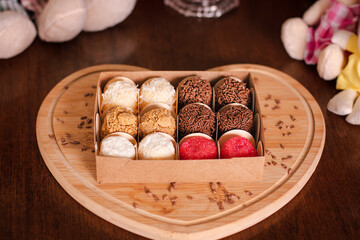 box of brazilian gourmet brigadeiros on heart board