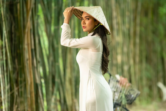 Portrait asian of Vietnamese beautiful woman with Vietnam culture traditional dress