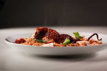 Octopus rice in a white dish