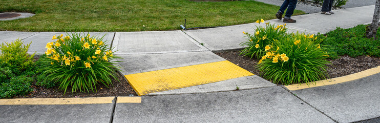 Bright yellow sidewalk guides on a corner crossing, with yellow daylilies planted on either side of...