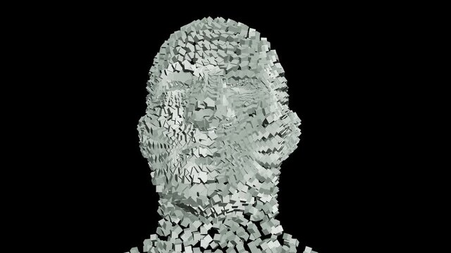 Human head from rotating cubes transparent 4K. 3D head with moving cube. VJ loop video. VFX effects. Video footage for show and animation. Transparent background.