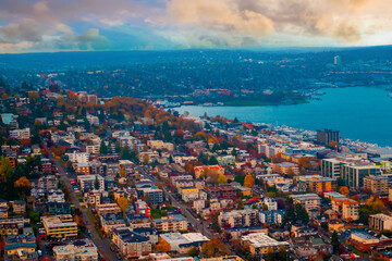 Fototapeta premium Seattle, City view of Seattle, top view of downtown Seattle skyline in Seattle Washington, USA