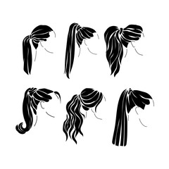Hairstyle ponytail silhouettes set, options for trendy female hairstyles - obrazy, fototapety, plakaty