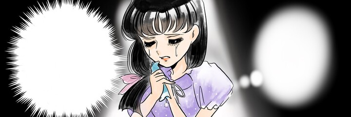 70's Japanese Shojo manga’s lady crying with big tears painting under a spotlight