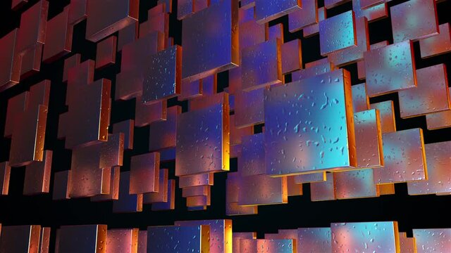 Futuristic 3d render of construction square design tiles hanging in zero gravity. Geometric mosaic with decorative ceramic highlights. Abstract gradient wall in outer space.