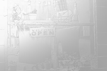 Silver 3d texture. View of a store with an "open" sign.