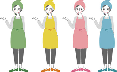 エプロンをして案内している女性。こちら。こちらへどうぞ。