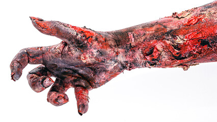 Realistic zombie hand with wounds and blood, isolated white background, copyspace, halloween hand.
