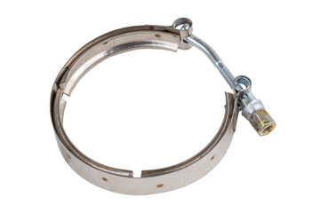 stainless steel turbocharger clamp for trucks, insulated on white background.