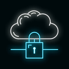 Data exchange cloud icon glow neon style, remote info storage, database computer information outline flat vector illustration, isolated on white.