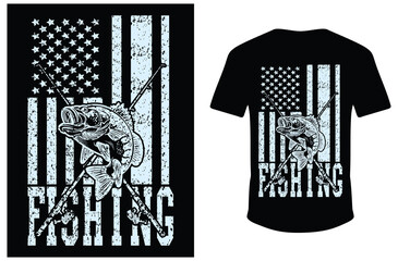 Fishing T-shirt. USA Fishing Flag Gift For Fisherman. Fisher T-Shirt Cool Fishing Shirts. Vector American Flag Fishing T-shirt.	
