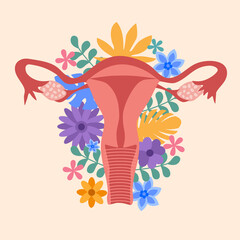Female uterus with flowers in flat design. Human reproductive system.