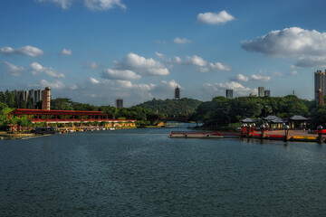Foshan city, Guangdong, China.   Lake of a Thousand Lights and city view.