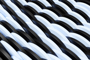 3d illustration of rows of white and black  round,  polygones.Set of shapes on monocrome background, pattern. Geometry  background