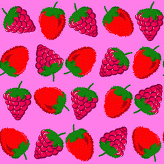 Seamless pattern with sweet  strawberries,  raspberries   on a  pink isolated background. Summer minimalistic background