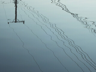 water reflection of street electric pole with wire cable in the canal