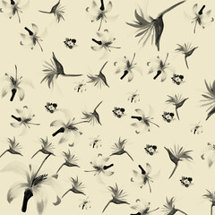 Fototapeta premium Black Pattern Leaves. Gray Tropical Plant. White Floral Texture. Decoration Palm. Floral Illustration. Summer Vintage. Spring Palm. Wallpaper Painting.