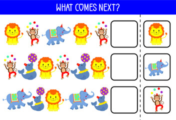 Kid education game. What comes next. Circus animal