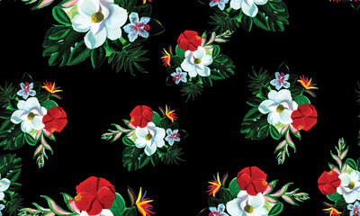 Black Seamless Background. Green Pattern Hibiscus. Organic Tropical Design. Natural Watercolor Design. Floral Leaf. Decoration Background. Drawing Nature.