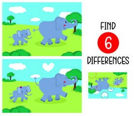Family of elephants on a walk. Find 6 differences. Educational game for children. Cartoon vector illustration