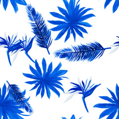 Cobalt Pattern Vintage. White Seamless Texture. Azure Tropical Texture. Indigo Flower Hibiscus. Navy Floral Textile. Wallpaper Design. Decoration Nature.