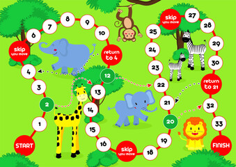 Kids board game with a safari animal. Worksheets for book. Children funny entertainment. Kid’s art game and activities page. Wallpaper for print. Vector illustration.