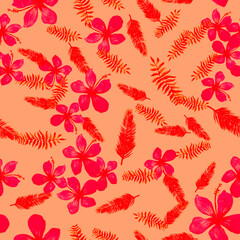 Fototapeta premium Pink Seamless Botanical. Red Pattern Palm. Scarlet Tropical Palm. Ruby Flower Hibiscus. Coral Drawing Foliage. Spring Nature. Flora Art. Floral Exotic.