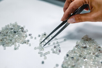 Manual sorting of diamonds. A hand with tweezers transfers diamonds from one pile to another.