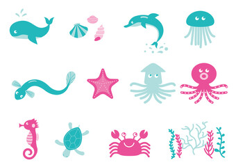 Obraz premium 海の生き物のベクターイラストのセット