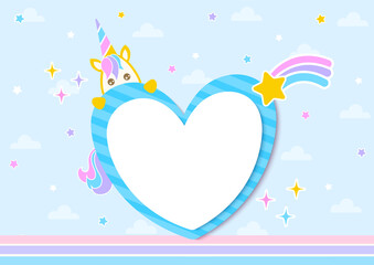 Cute Unicorn with blank Heart frame and shooting star on blue sky background.