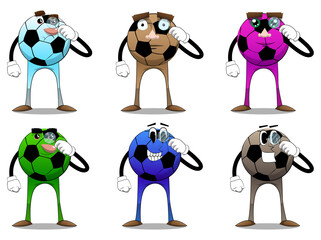 Soccer ball holding a magnifying glass. Traditional football ball as a cartoon character with face.