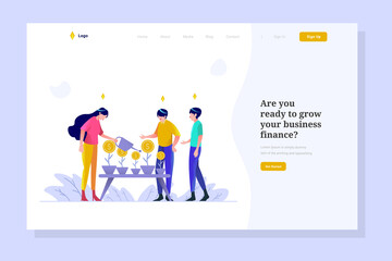 Landing page business finance man and women doing money grow strategy plant teamwork branding people character flat design style Vector Illustration