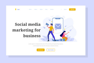 Landing page Business finance man and women team doing marketing pattern social media announcement send flat and outline design style Vector Illustration
