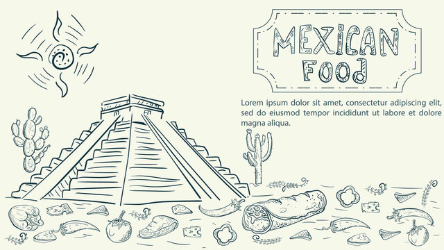 Illustration sketch made in the style of a doodle hand drawn for a design on the theme Mexican national food pyramid of the Indians burrito red hot and white sweet pepper