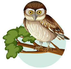 Elf owl standing on branch in cartoon style isolated on white background