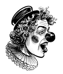 Laughing clown head. Ink black and white drawing