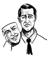 Sad man holding a sad mask. Ink black and white drawing