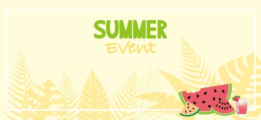  Colorful Summer event banner with Watermelon, Juice and Tropical leaves decoration. Vector illustration.