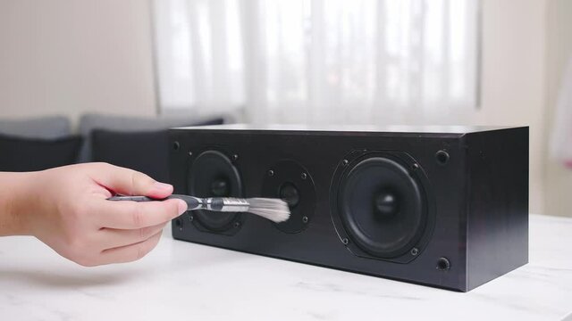 Man's Performing Detailed Cleaning On A Professional Loudspeaker For Home Theater Setup.