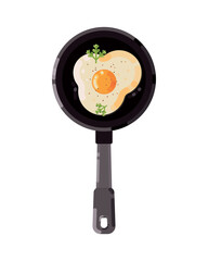 Pan with fried egg. Cooking foods. Scrambled eggs. Top view, cartoon vector Scrambled eggs. Eggs Omelette. Fast food. Isolated white. EPS10 vector illustration.