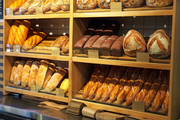 Freshly baked loaves of bread on a market stall