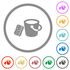 Bucket and sponge flat icons with outlines