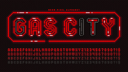 Pixel neon alphabet design, arcade style. High contrast, retro-futuristic.