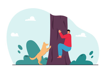 Man hiding from dog and climbing tree flat vector illustration. Fear of animals, attack, aggressive pet concept for banner, website design or landing web page