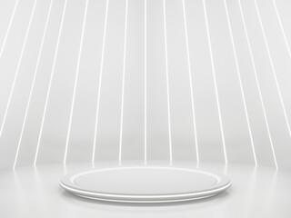 3D rendering. White Sci-Fi product stand mockup. Scientific podium with white neon lights.