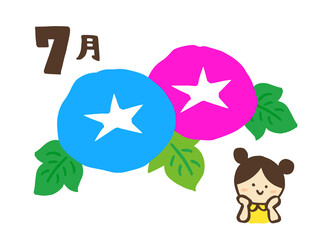 かわいい夏の朝顔と男の子と女の子の人物と7月文字／手書きイラスト